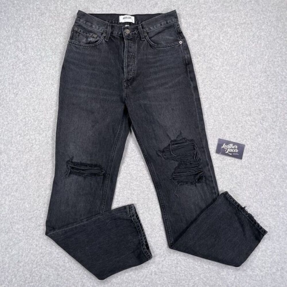 Agolde Lana Mid Rise Vintage Straight Jeans Womens 26 (27 x 30) Black Distressed